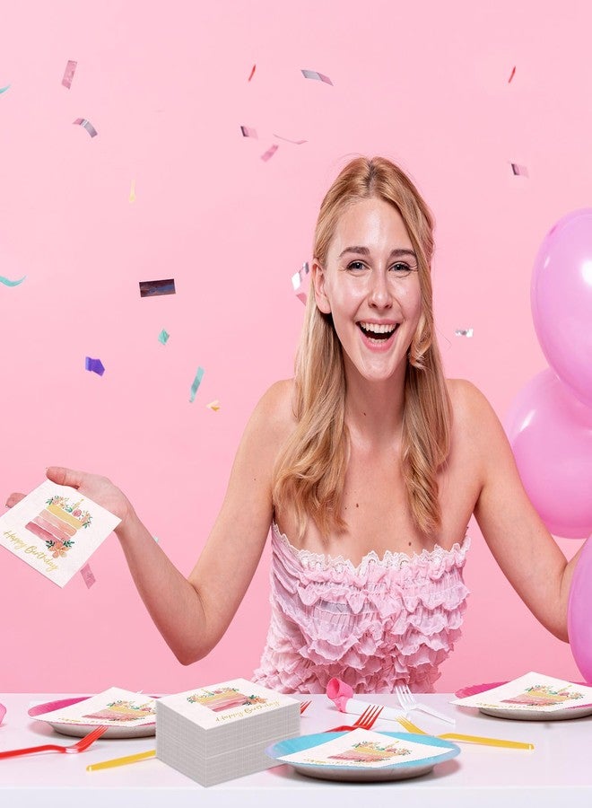 JarThenaAMCS 100Pcs Happy Birthday Cocktail Napkins Floral Birthday Cake Disposable Paper Napkins Light Pink Beverage Napkins for Women Birthday Party Supplies - Image 5